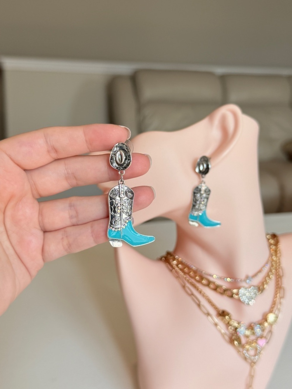 Turquoise Cowboy Boot Drop Earrings - Picture 5 of 11